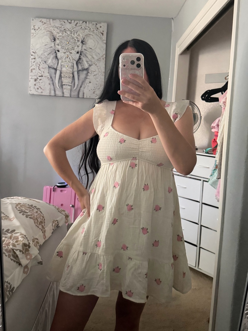 Cream Smocked Shirred Mini Dress with Pink Floral Rosette Embroidery XS